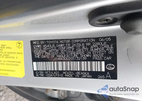 2005 Lexus Es 330 from USA, damaged, VIN JTHBA30G255132139